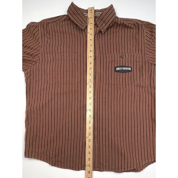 HARLEY-DAVIDSON Mens LARGE Brown Stripe Embroidery Spell-Out Button-Up S/S SHIRT - Picture 8 of 11